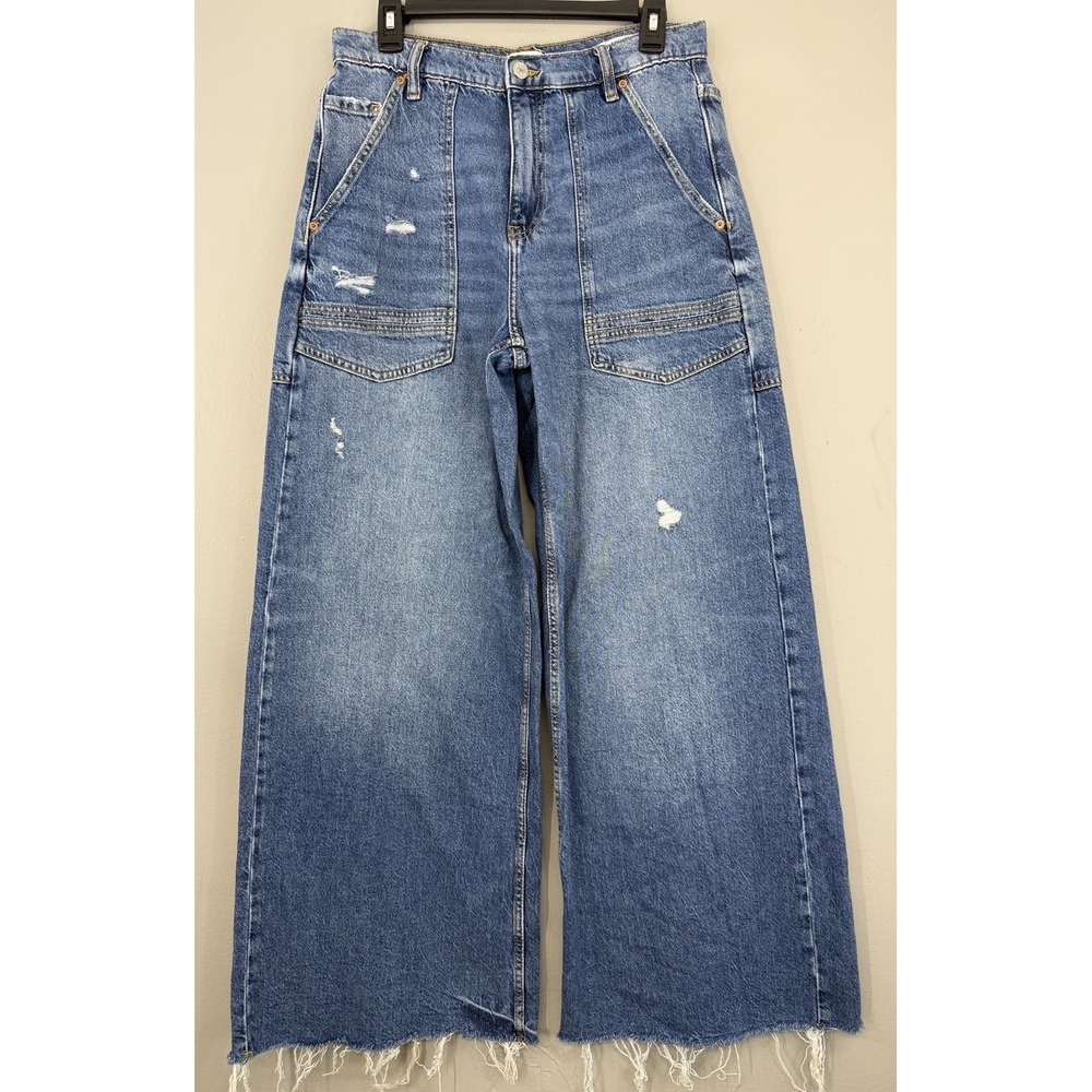 Forever 21 Mid Rise Wide Leg Jean Women's 29 Distressed Raw Hem Pocket Detail